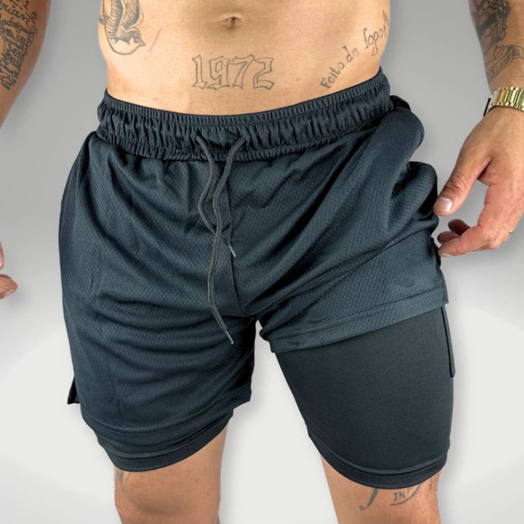 Shorts Masculino Crossfit Forrado para Academia 2 em 1 Preto