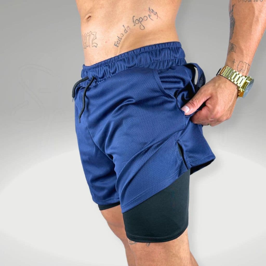 Shorts Masculino Crossfit Forrado para Academia 2 em 1 Cor Azul