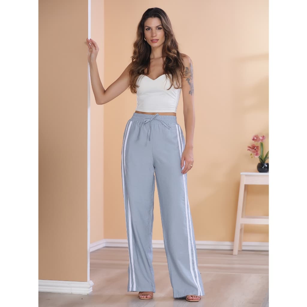 Calça Feminina Calça de Moletom Reta com Cordão Listras Laterais Larga Trackpants,Primavera/Outono,in fashion,Lazer, des