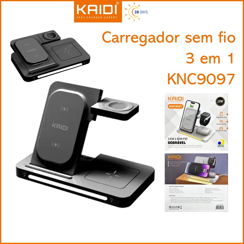 Suporte Carregador Indutivo Fone Celular Smartwatch 3 em 1 sem fio Dobrável 15W Kaidi KNC-9097
