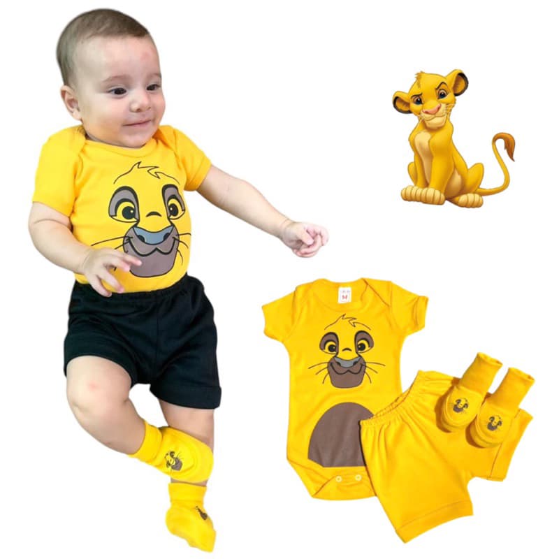 kit 3 peças leão simba, bebê temáticos e mêsversário-malha suedine 100% algodão