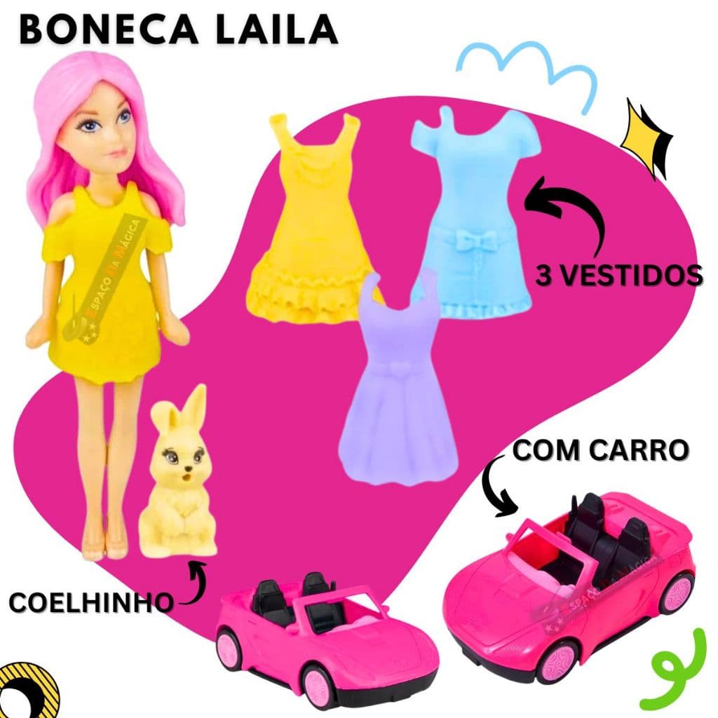 Boneca Laila Com Carro Roupa Pet Coelhinho - Estilo Polly Menina Presente