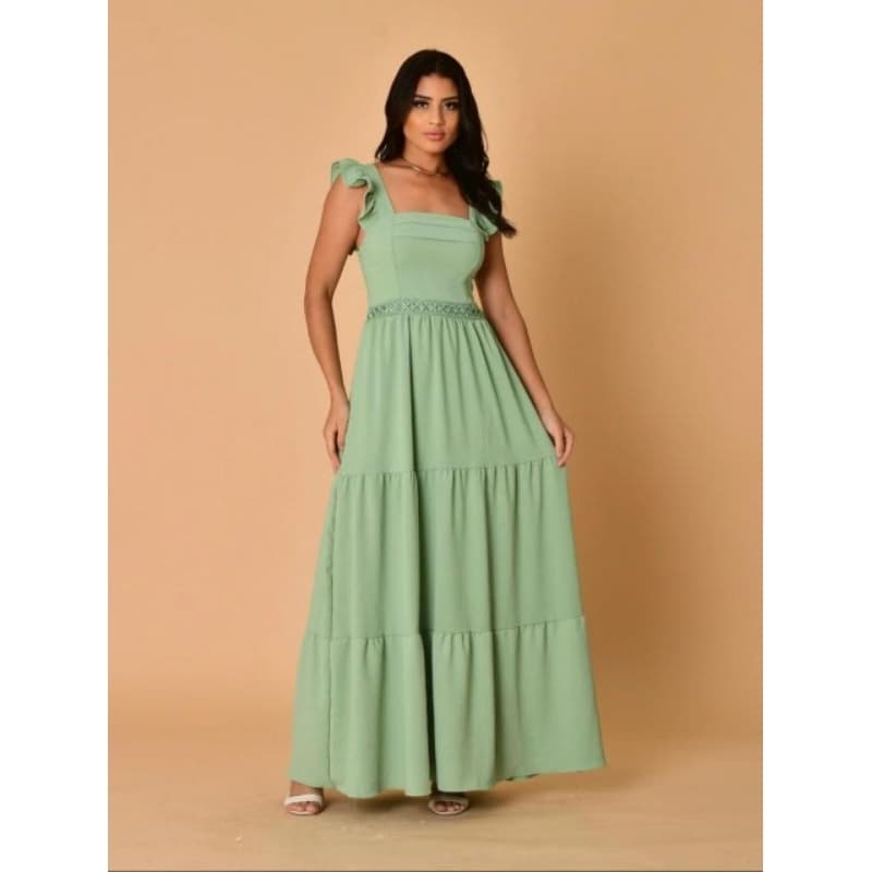 Vestido Longo  Renda Na Cintura Alça Com Babado- V075