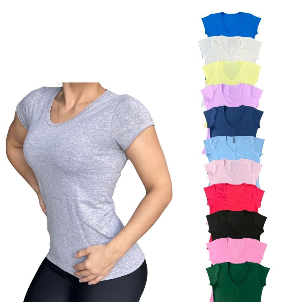 Blusa feminina basica manga curta decote v cotton 96% algodão p, m, g, gg, g1, g2, g3