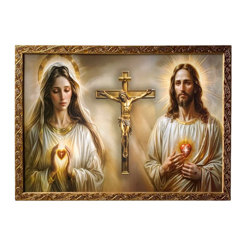 Quadro Sagrado Coração De Jesus e Maria Cruz Dourado Resinado 50x70cm.