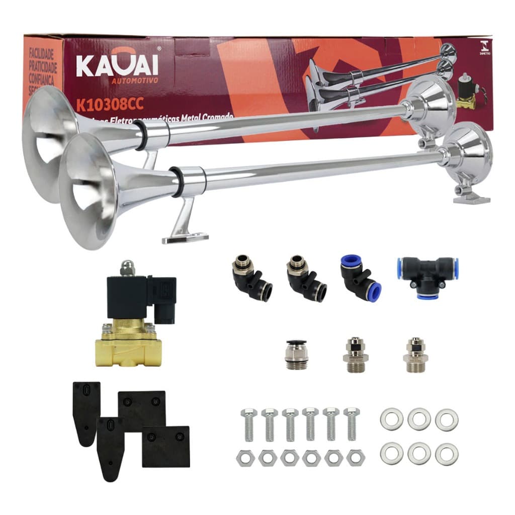 Kit Buzina Marítima 74cm Completo 24v Válvula Conexões Caminhão Super Potente Maritima Cromada