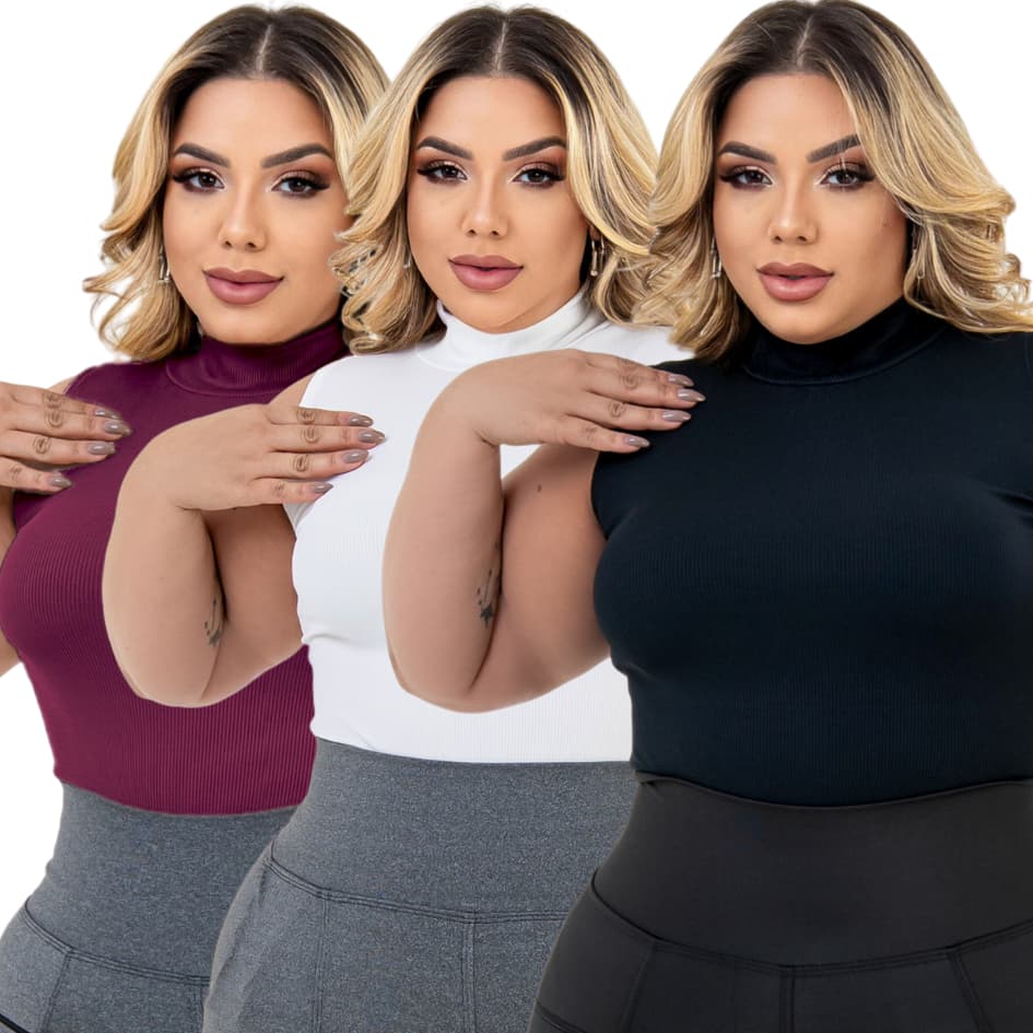 Kit 3 Blusas Feminina Plus Size Regata Gola Alta Canelada Premium Casual GG a G3 Confortavel