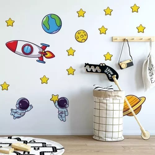 Adesivo de Parede Astronauta, Foguete e Estrelas – Kit Decorativo Completo para Quarto Infantil