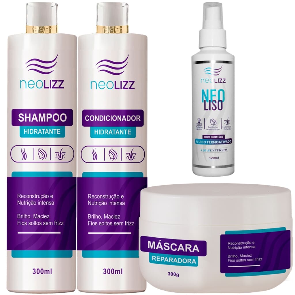 Kit Hidratação Profissional Neolizz - Maciez, Brilho e Proteção Contra Danos | Sh + Con + Máscara