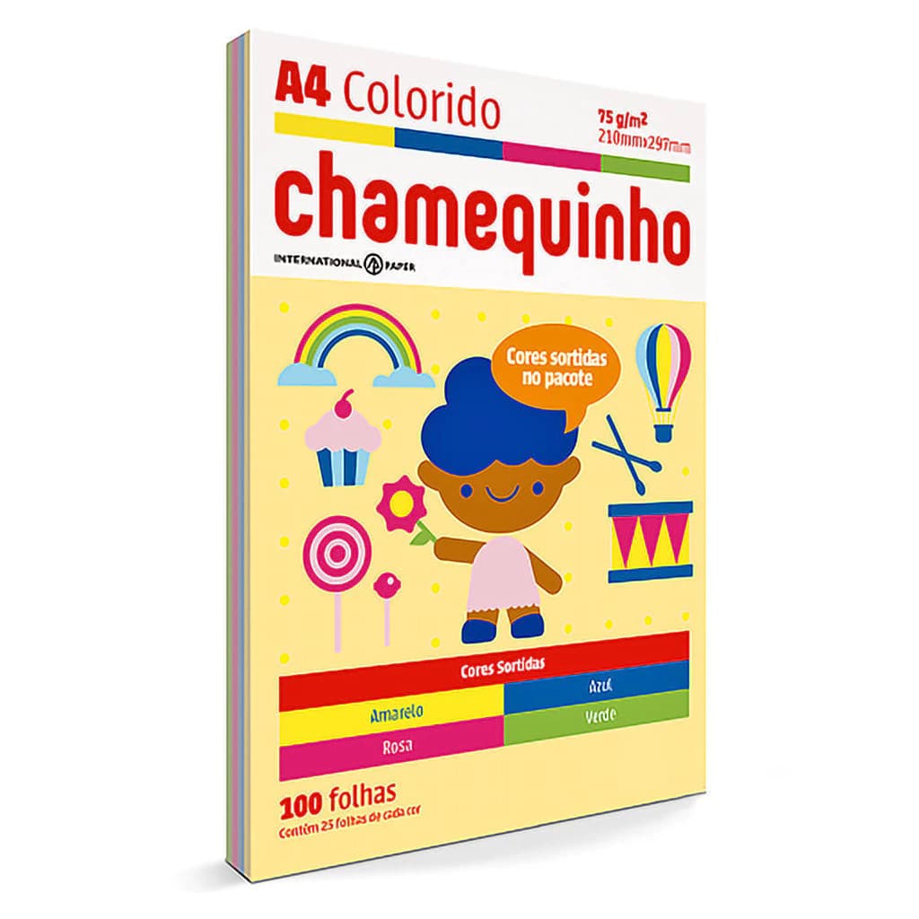 Papel Chamequinho 4 Cores Amarelo Azul Rosa Verde c/ 100 folhas (25 cada cor)