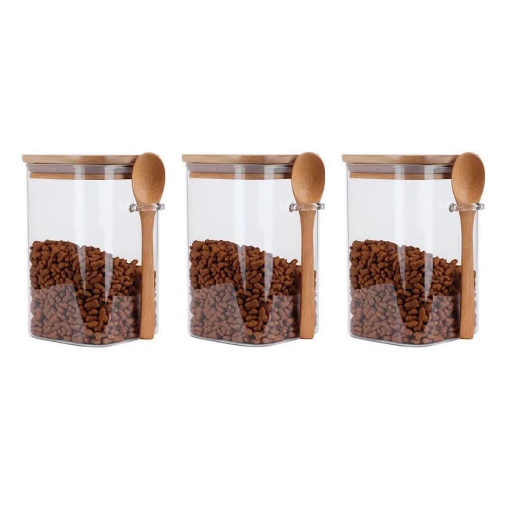 3 Potes Vidro Borossilicato [Quadrado]Tamanho 8 x 12 cm  550 ml Com Tampa e Colher de Bambu