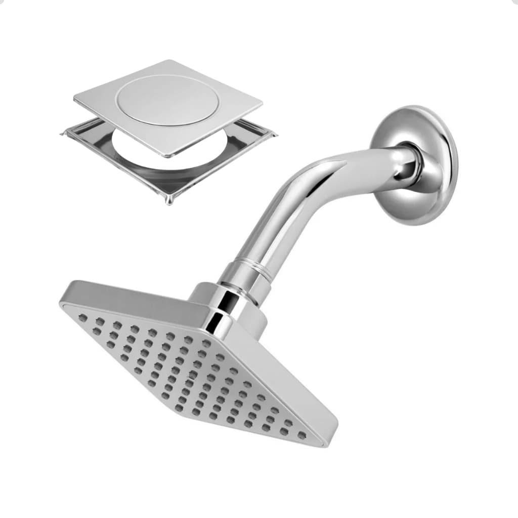 Kit Chuveiro Flatt Quadrado Articulado Aquecedor Solar Gás e Ralo Click Inteligente 10x10 com Porta Grelhas Inox