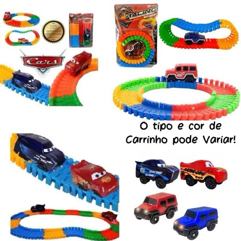 Brinquedo Kit com 2 Carrinhos + 1,4m de Pista Trilha Maluca Flexível Colorida 114 Peças