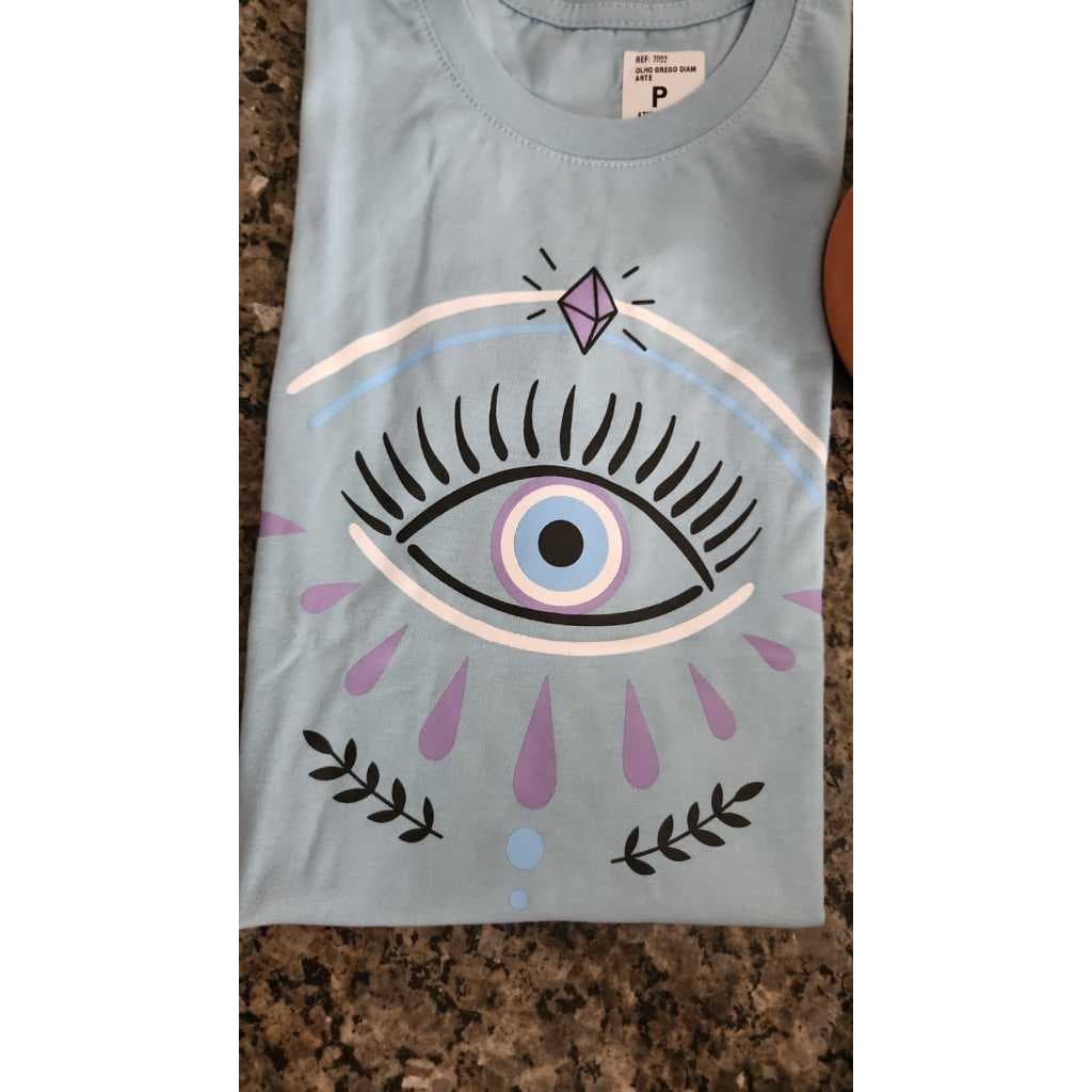 Blusa camiseta 100% algodão azul olho contra inveja