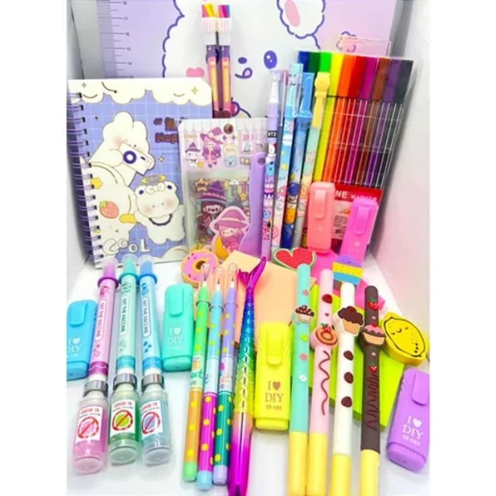 Kit 25 Itens Papelaria Fofa Kawaii Diversos Estojo Presente + Canetas Borrachas Apagadores Fofos