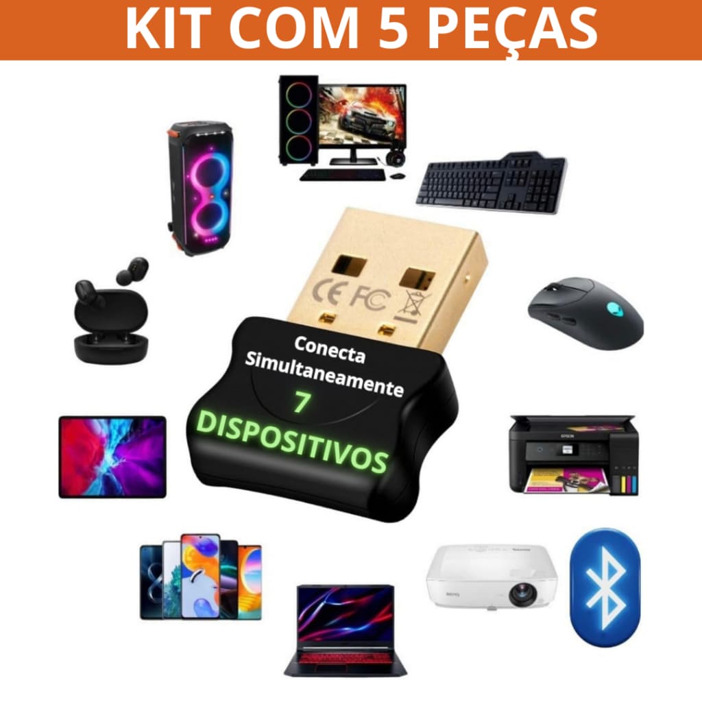 Kit com 5 Adaptador Bluetooth 5.1 Usb Dongle Original P/ Pc Notebook Conecta até 7 Dispositivos