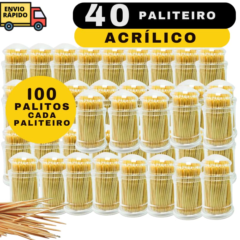 Kit Paliteiro 40 Porta Palitos de Acrílico Com Tampa Acompanha 100 Palitos Dente Em Cada Para Casa Comidas