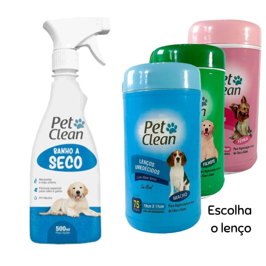 Banho a Seco 500ml e Lenço Umedecido Pet Clean para Cachorros