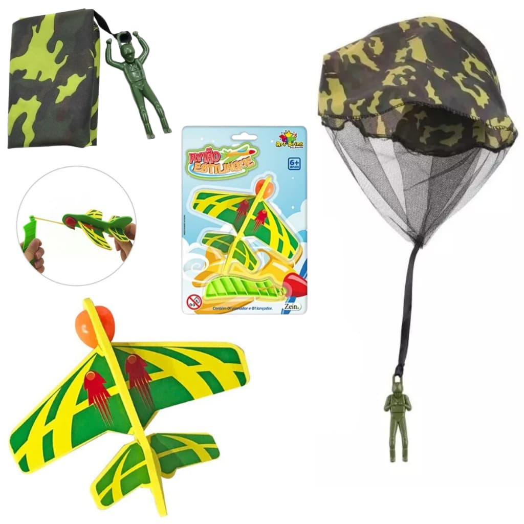 Kit Brinquedos diversão nas alturas Paraquedas Soldadinho e Avião Estilingue