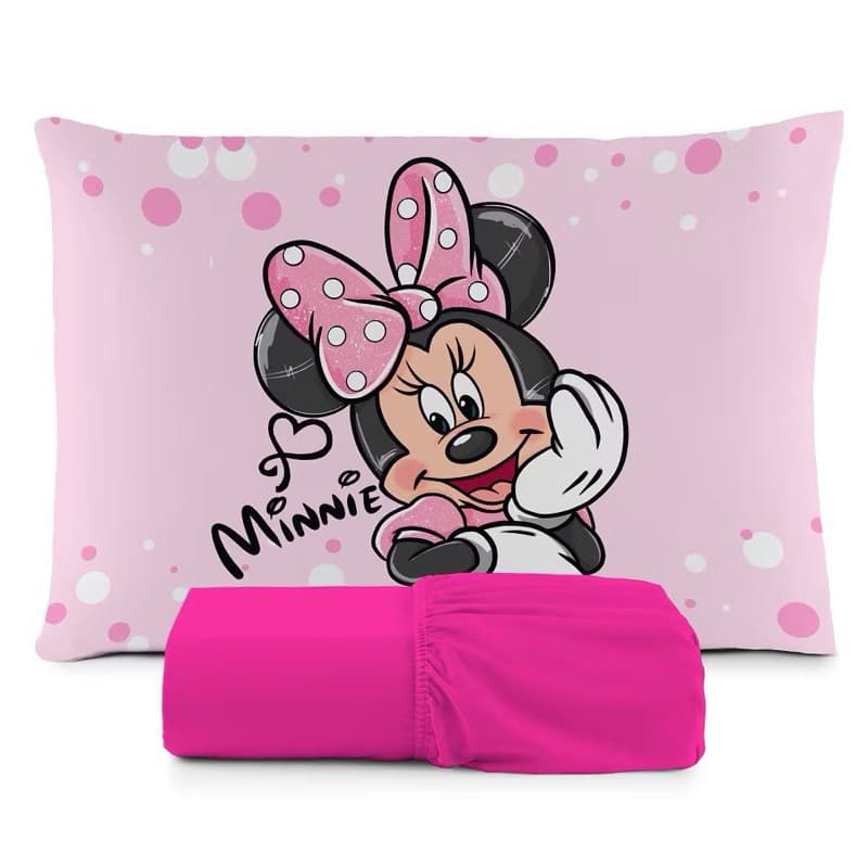 JOGO DE LENÇOL SOLTEIRO INFANTIL MINNIE LAÇO ROSA FRONHA TRAVESSEIRO, LENÇOL DE ELASTICO