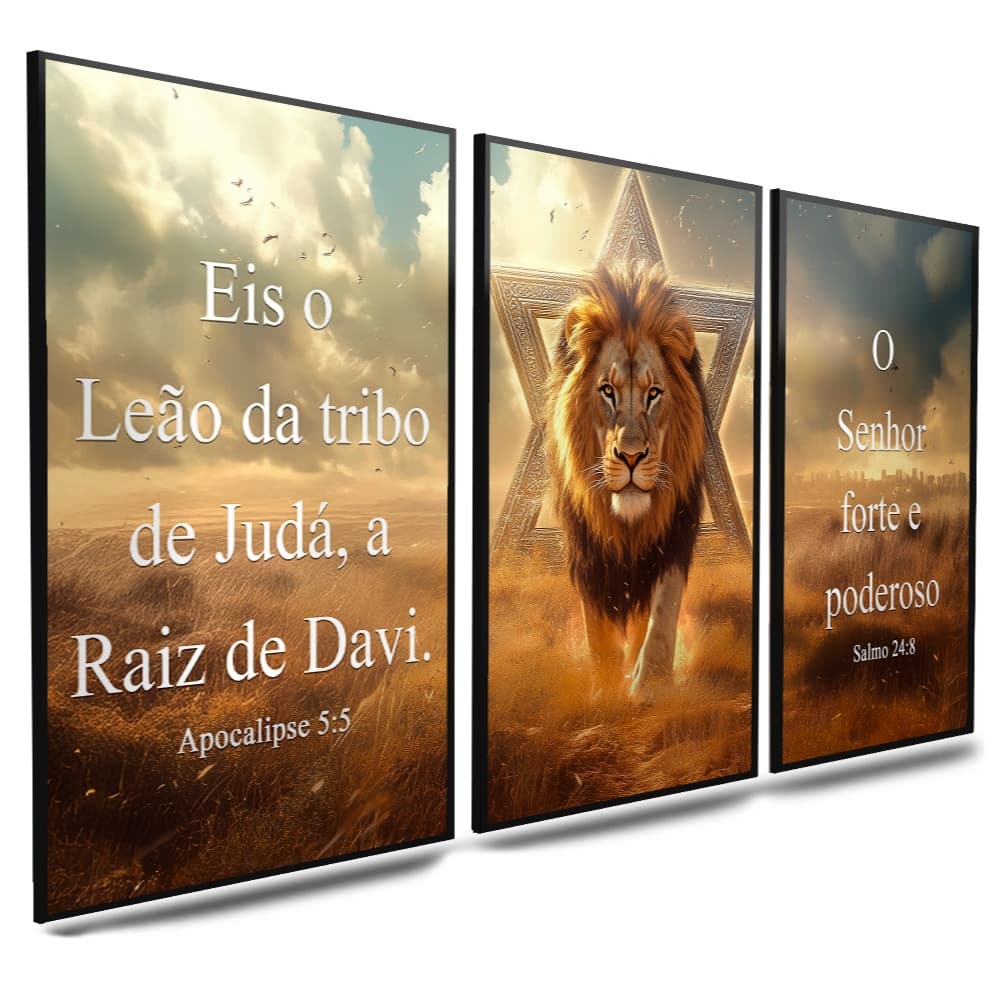 Quadro decorativo grande leão da tribo de juda com frase biblica 3 peças sala quarto escritorio