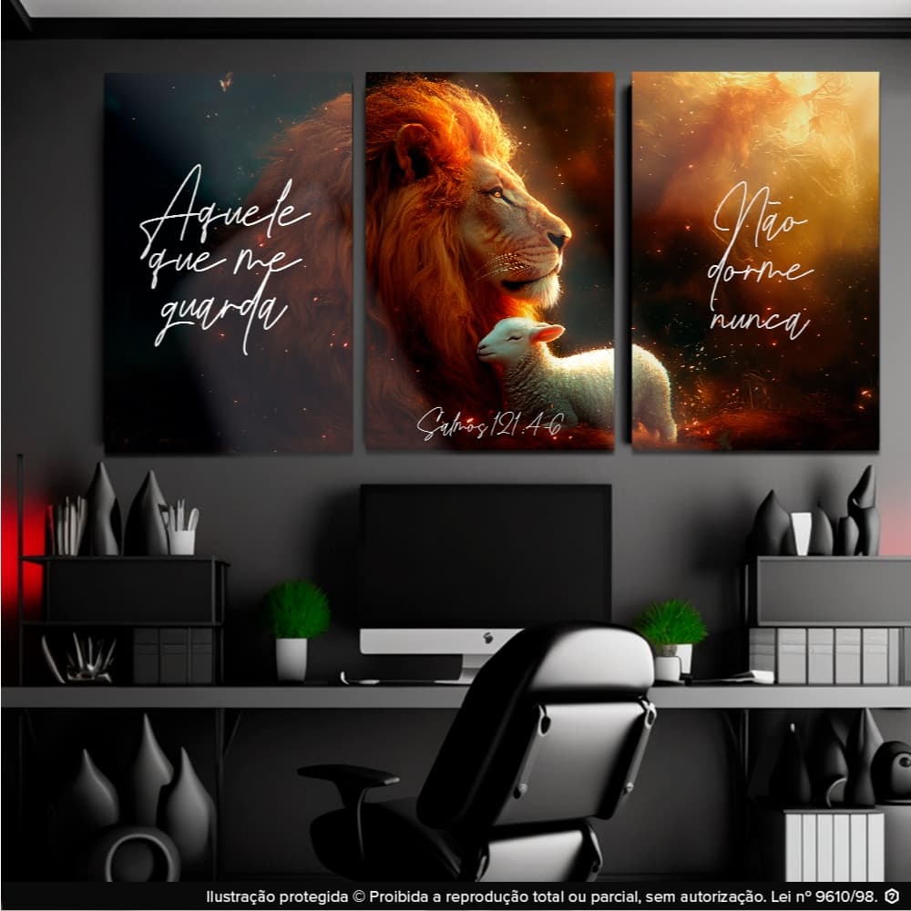Quadro Decorativo 3 peças Leão e carneiro  aquele que me guarda nao dorme nunca Sala Quarto Hd