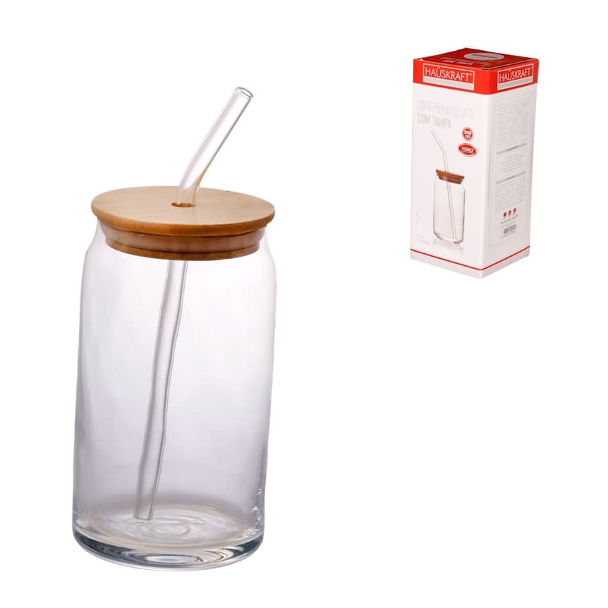 Copo Formato Lata Com Canudo Em Vidro E Tampa Bambu 500ml
