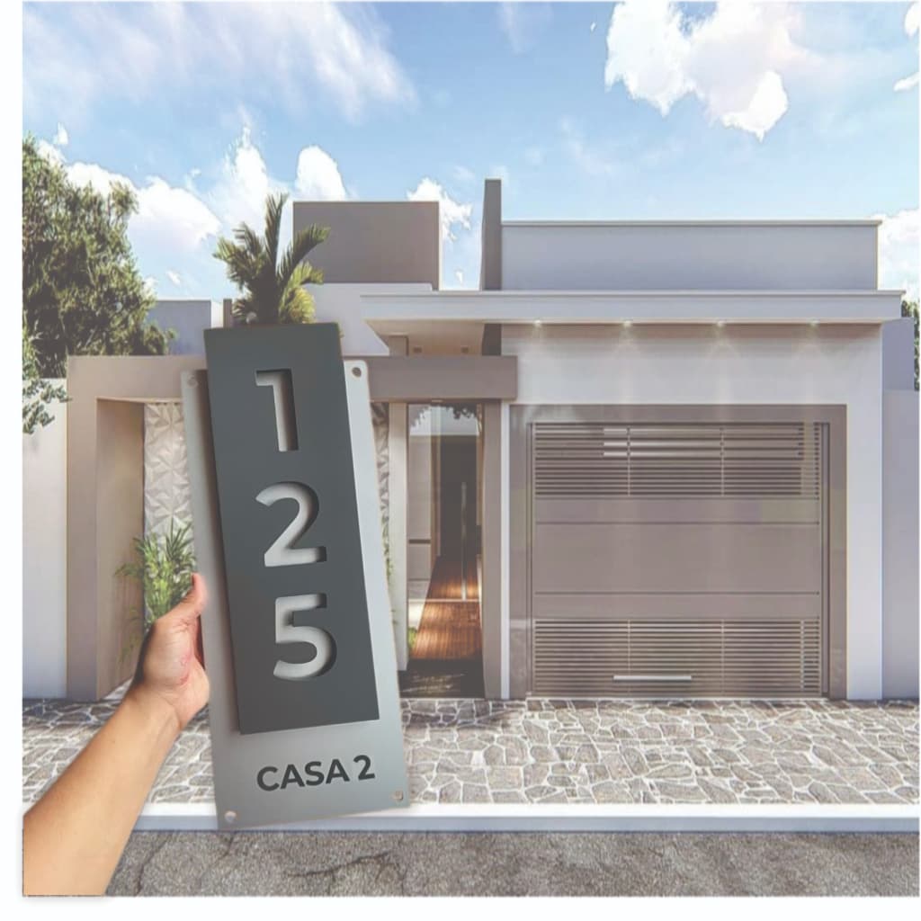 Números para casa, placa sobreposta 30x12cm, sobreposição central tons de cinza