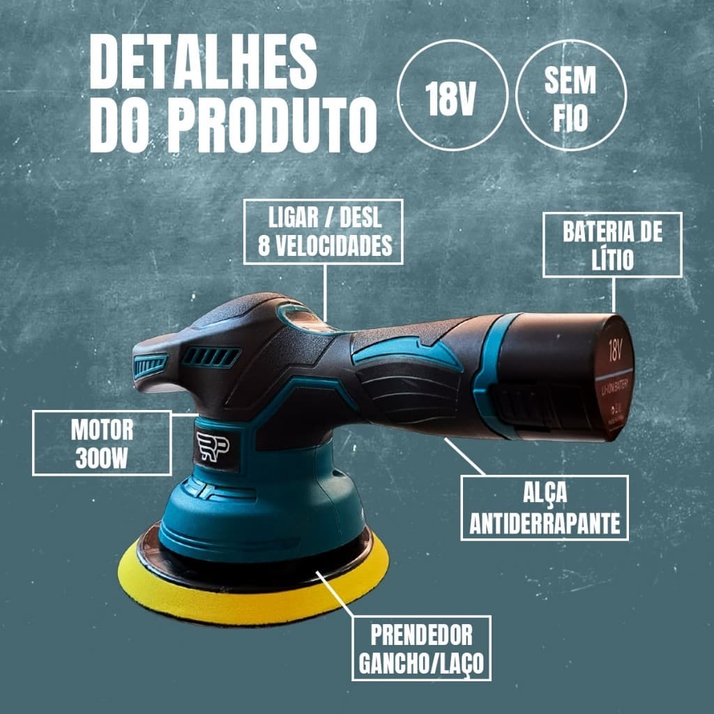 Polidor Sem Fio Elétrico Lixadeira Politriz Polidora Automotiva Polimento Carro Enceradora 2 Baterias