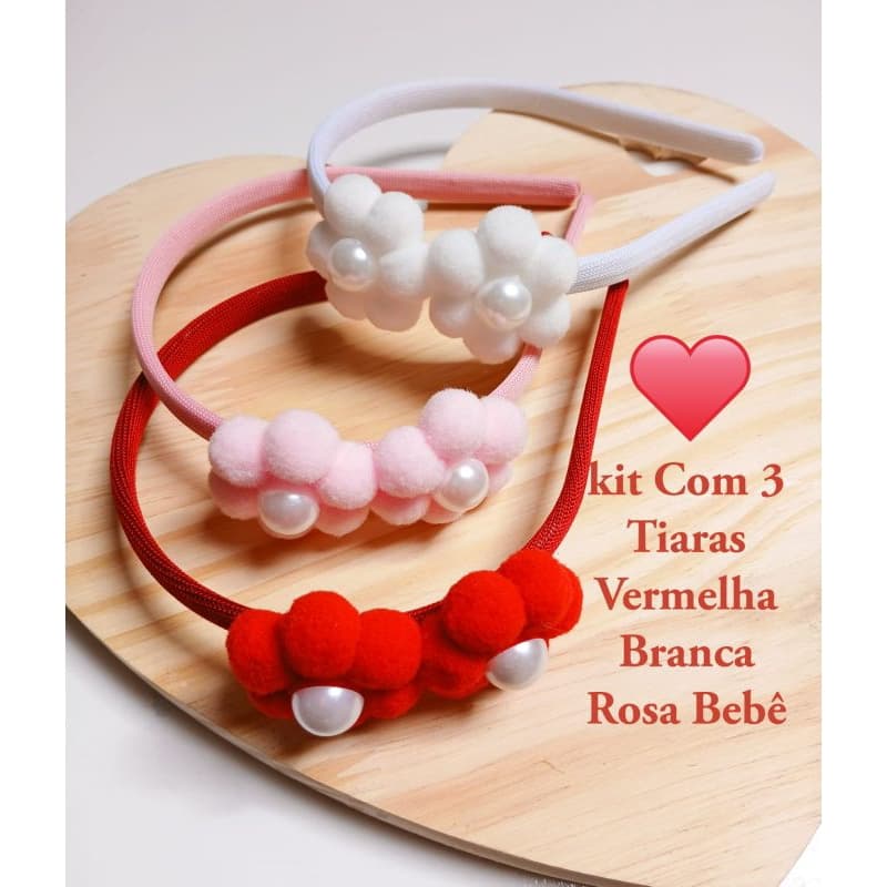 kit 3 Lindas Tiaras Com Flores de Pompom Arquinho Infantil Tiara Menina Acessório de Cabelo Infantil (3 Peças)