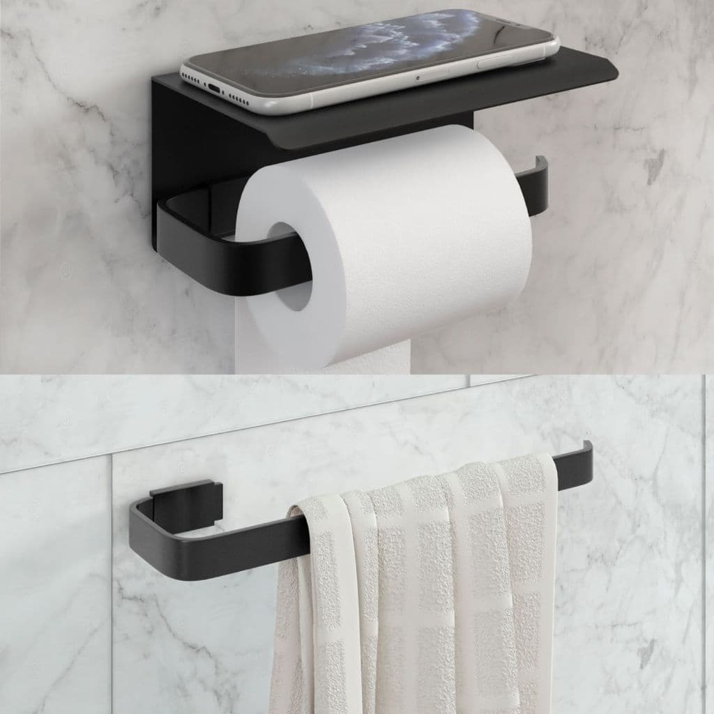 Kit Porta Toalha De Rosto e Porta Papel Com Suporte Celular Preto