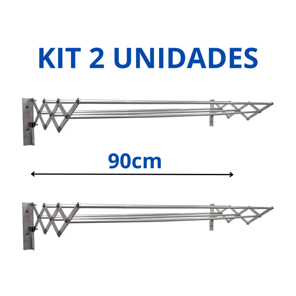 Kit 2 Varal de Parede Sanfonado Retrátil 90cm Não Enferruja 7 VARETAS