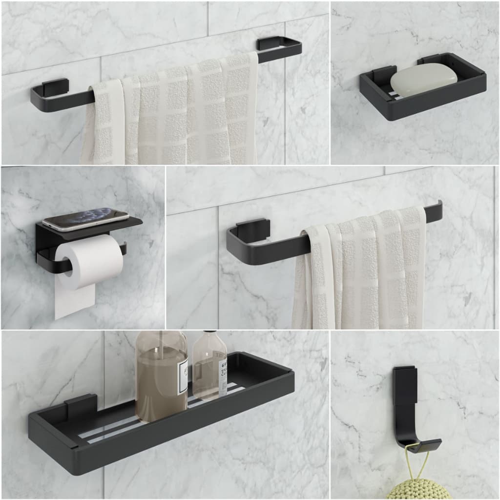 Kit De Acessórios Para Banheiro 6 Peças Preto Com Suporte Celular