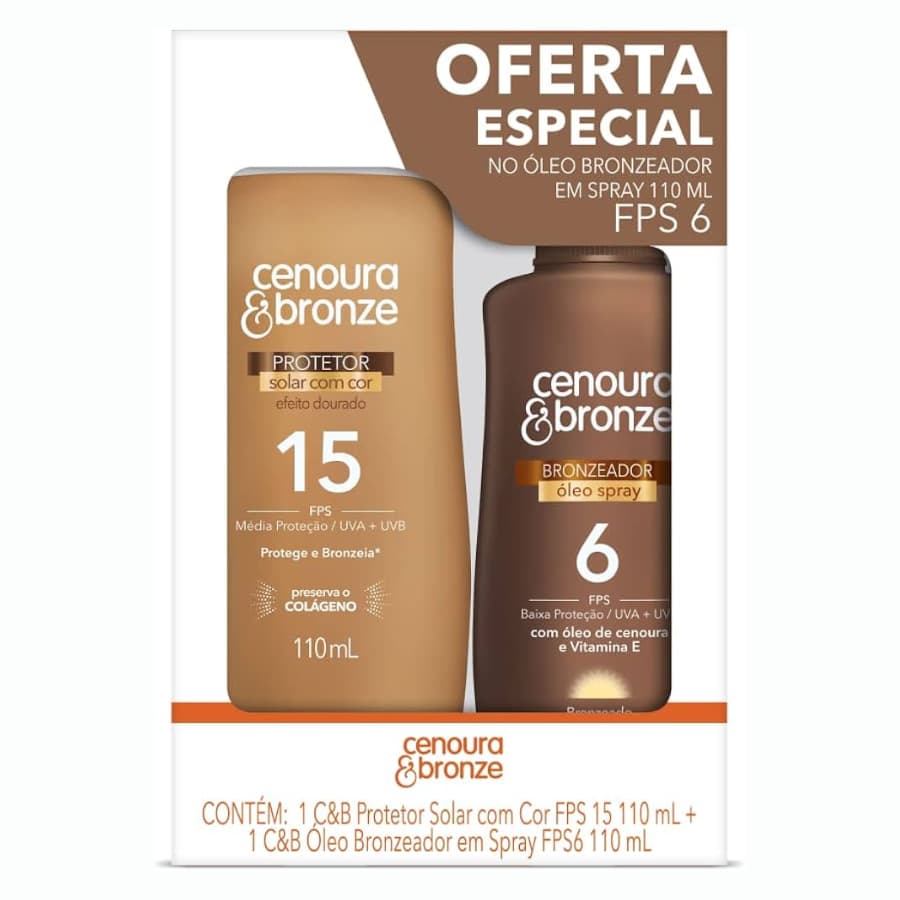Kit Cenoura & Bronze  Protetor Solar Com Cor Fps 15 110ml + Óleo Spray Bronzeador Fps 6 110ml