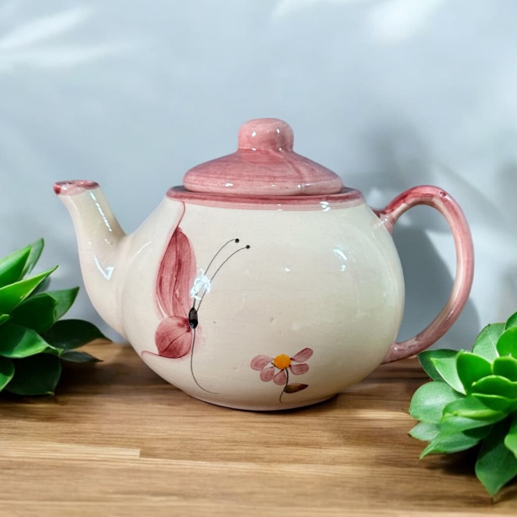 Bule para Café Chá em Cerâmica Rosa Borboleta 600ml