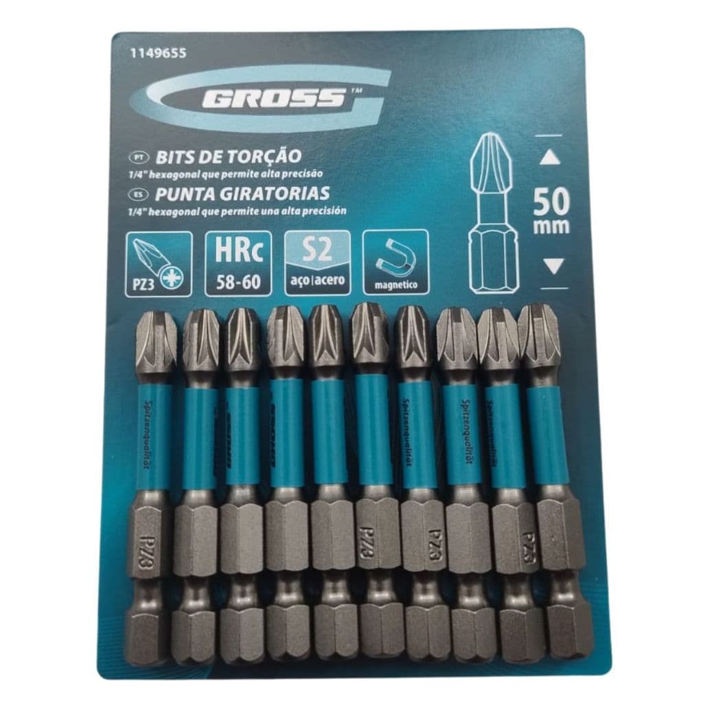 Ponta Bits Pz3 50mm Pozidriv encaixe rápido Impacto Torção aço cromo Gross 10 peças