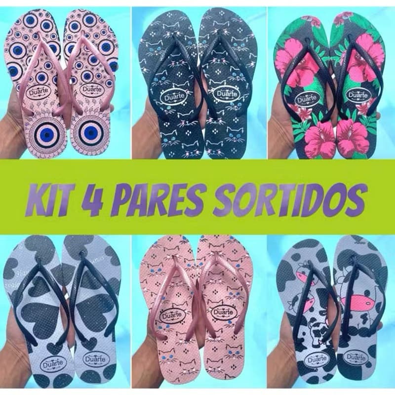 kit 4 pares feminino estampa sortida chinelo