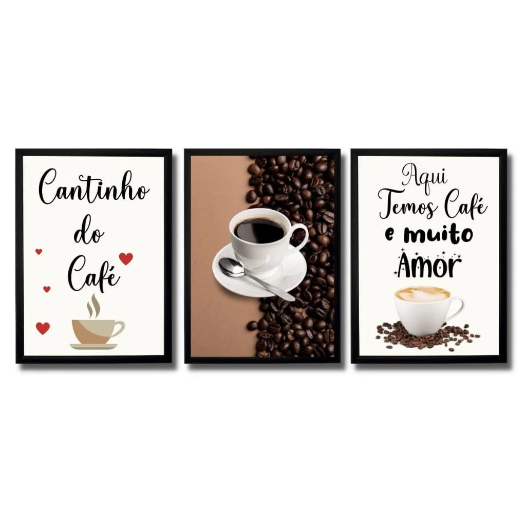 Kit Quadros Decorativos 3 Peças Cantinho do Café Amor Coffee Cafeteria Cozinha Padaria Restaurante