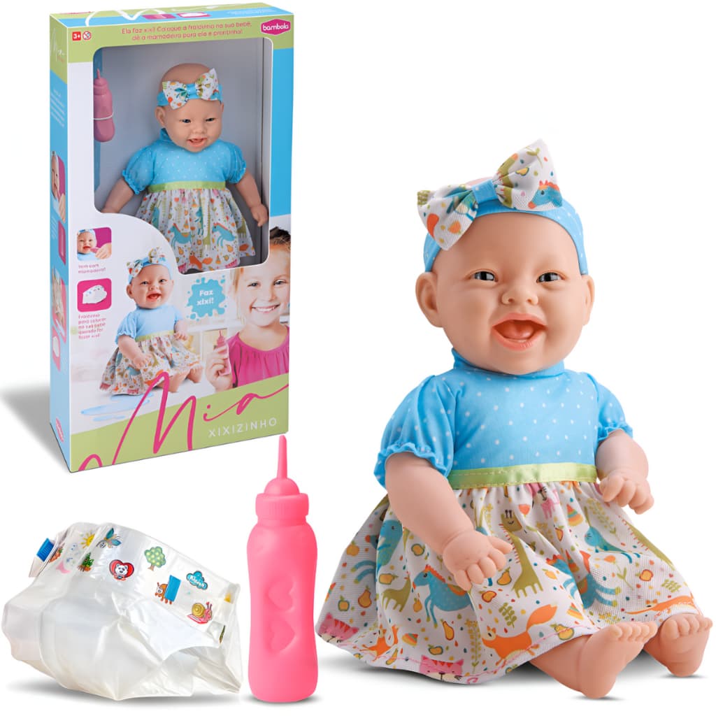 Boneca Bebê Menina Em Vinil Macio Faz Xixi Com Fralda E Mamadeira