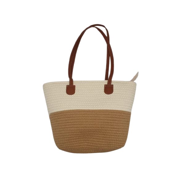 Bolsa Feminina Grande de Palha Bicolor com Alças de Couro Sintético — Ideal para Praia e Passeios