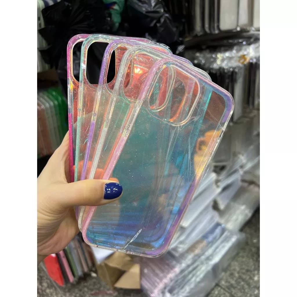Case Capa Capinha Acrílico Brilho Espelho Multicolorido com Borda Colorida para iPhone
