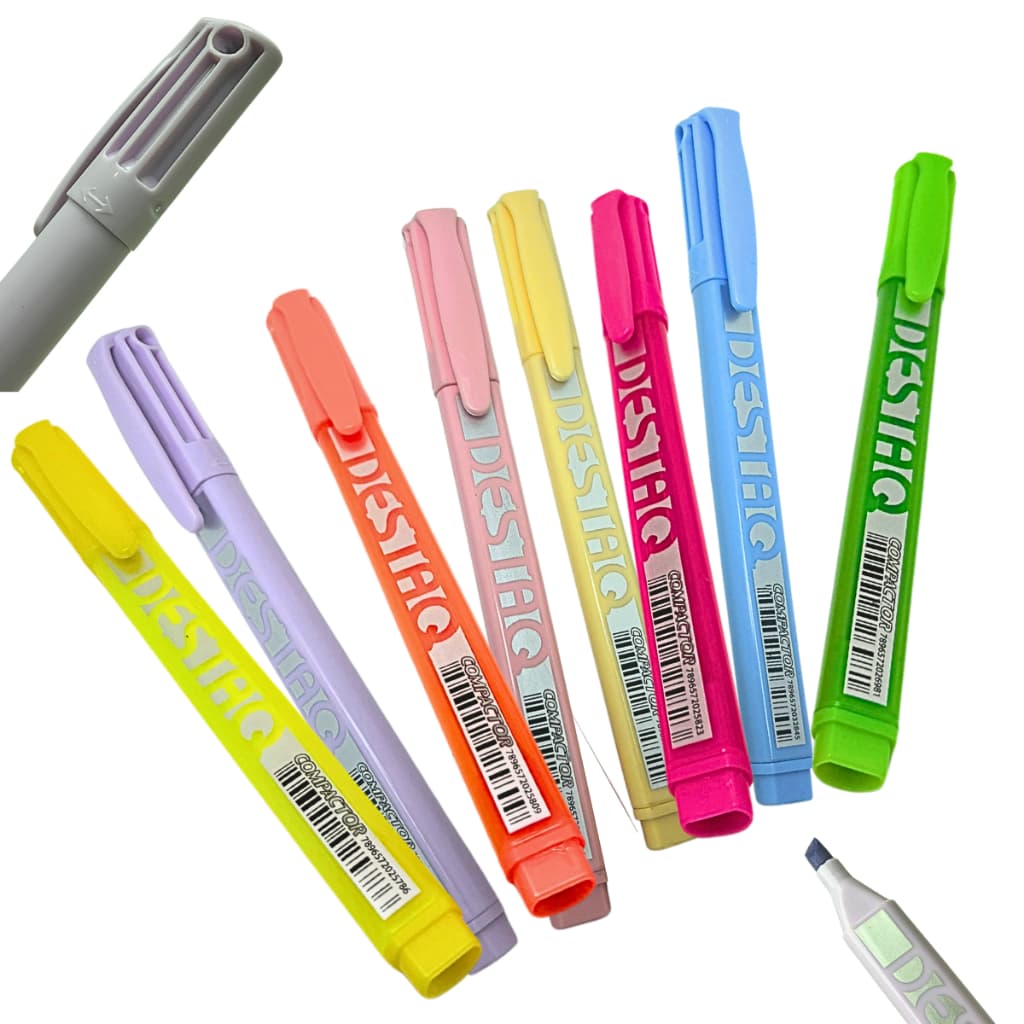 Kit 08 Marca Texto Cores Pasteis E Neon Destro Canhoto Escolar Destaq Compactor Estudo Material Designer