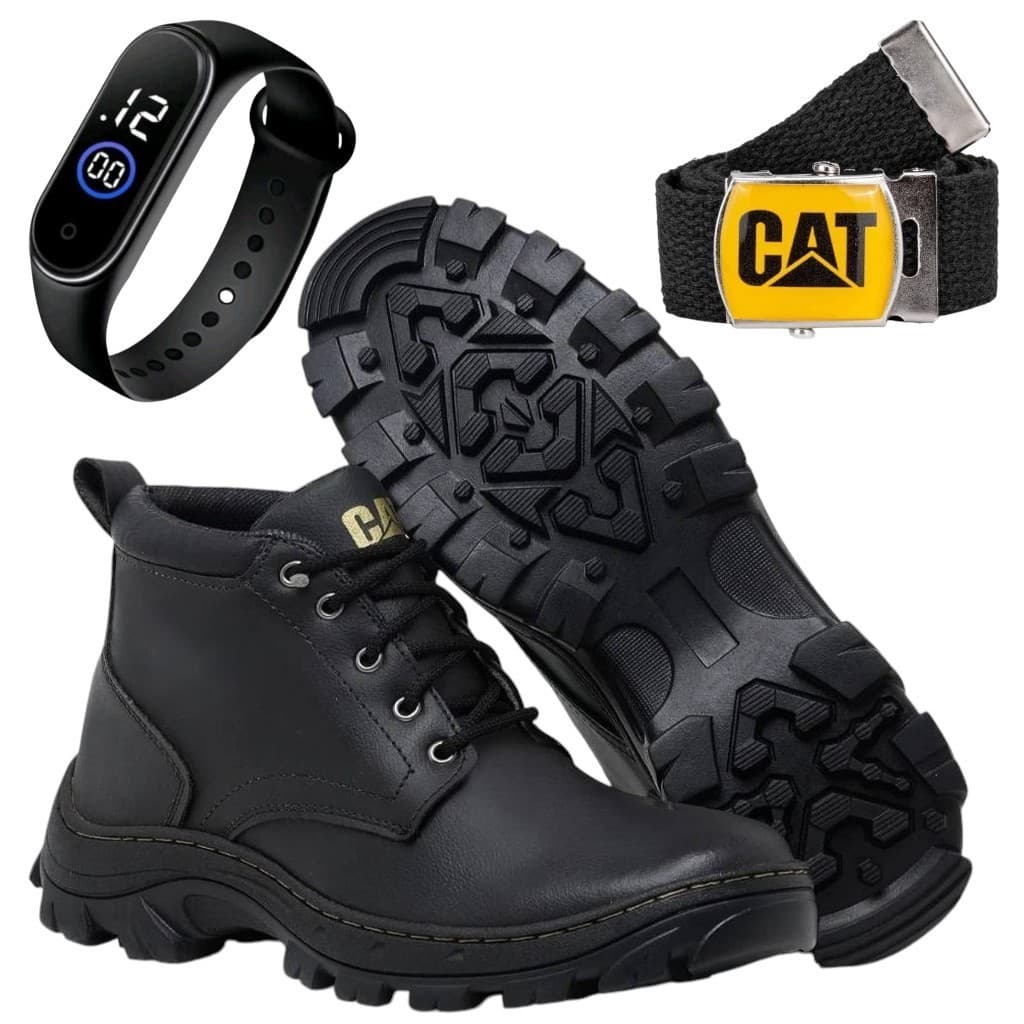 Kit 3 em 1 Bota Coturno Caterpillar Masculino Em Couro Eco Solado Costurado + Cinto e Relógio