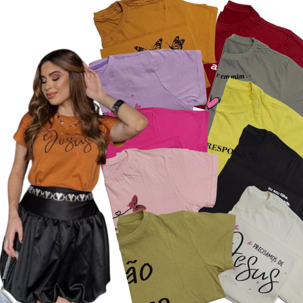 Kit com 3 Blusa Tshirts Feminina de Frases Evangélica e Motivacional Camisa Baby