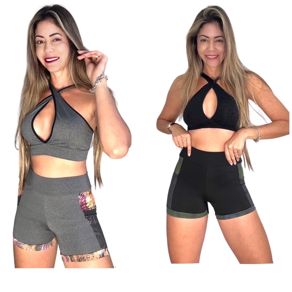 Conjunto Fitness Feminino Top E Short Com Bolso Cintura Alta  Academia Treino Crossfit Confortável