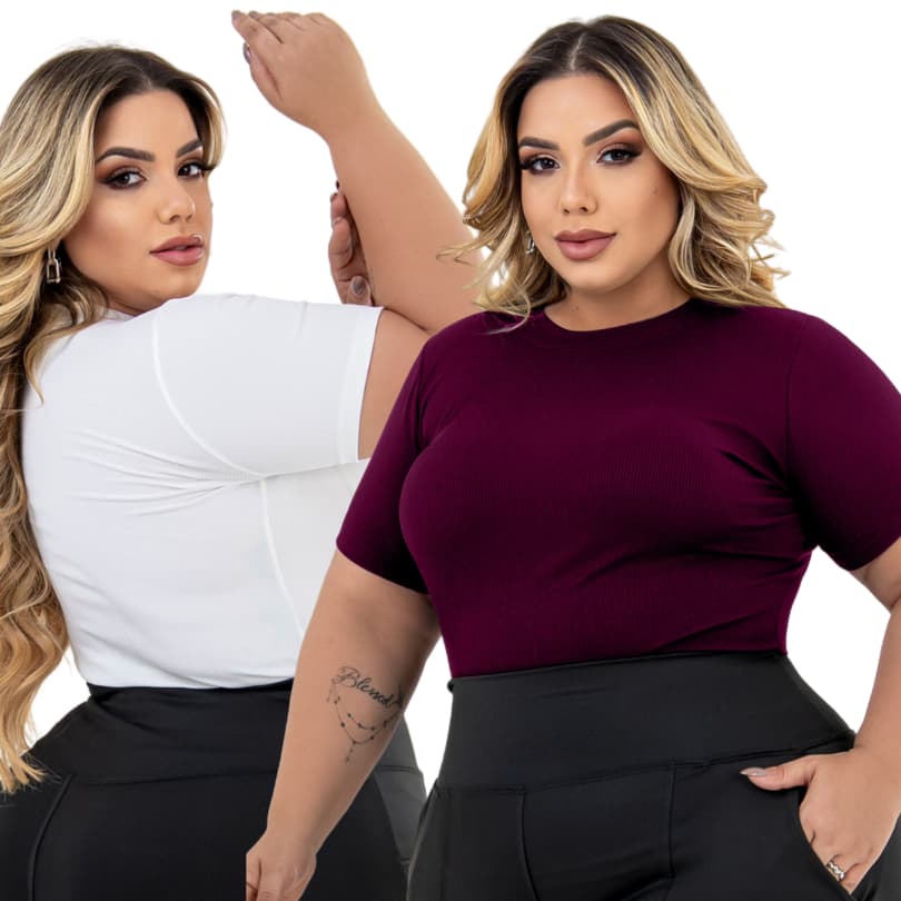Blusa Feminina Plus Size Manga Curta Canelada Gola Redonda Basica Casual e Elegante do G1 ao G3