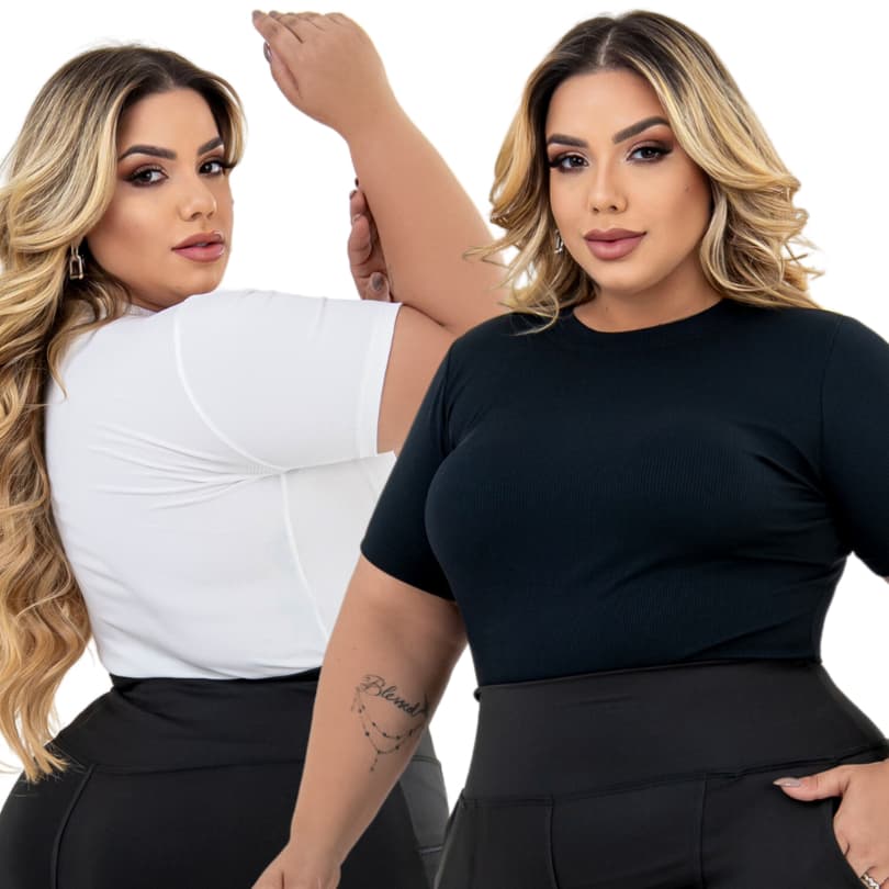 Kit 2 Blusas Feminina Plus Size Manga Curta Canelada Gola Redonda Basica Casual e Elegante G1 ao G3