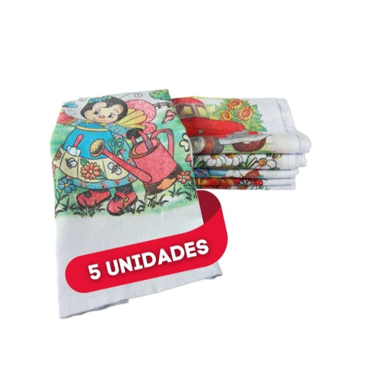 Kit com 5 Panos de Prato Dona Maria 35cm X 62cm Estampado 100% algodão com bainha Desenhos aleatorios!!!!!