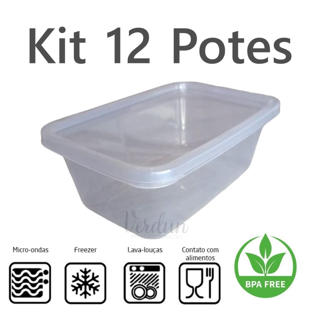 Kit 12 Potes 1 litro Retangular 1000ml Transparente Com Tampa Marmita Fitness Semanal Geladeira Freezer Armazenamento