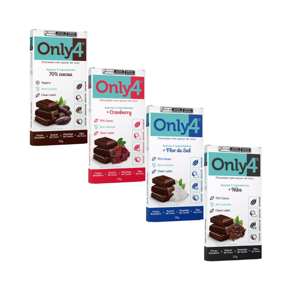 Kit 4 Unidades de Chocolate 70% Cacau Sortidos 80g cada - Only4